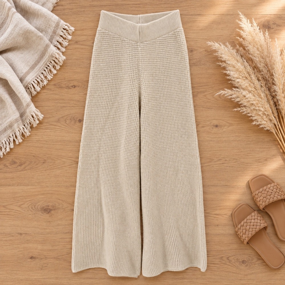 Sincerely Jules Knit Wide Leg Pants Size M Cream Waffle Textured High Rise Boho